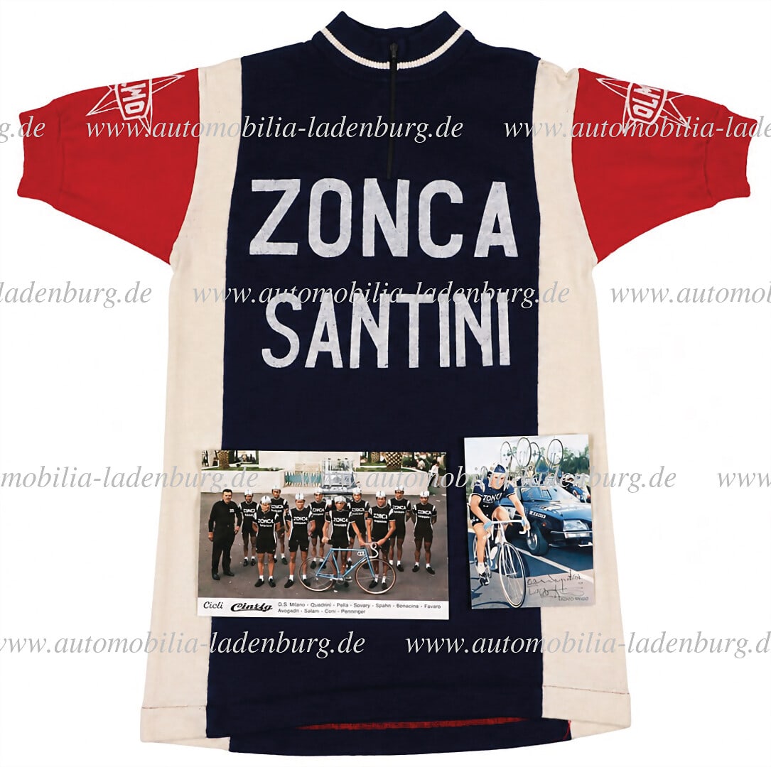 ZONCA-SATINI mixed lot of 3 pieces, including original Zonca Satini jersey (manufacturer unknown),: ZONCA-SATINI mixed lot of 3 pieces, including original Zonca Satini jersey (manufacturer unknown), size unknown, as well as hand-signed factory postcard Franco Bitossi and postcard cycling team, both 