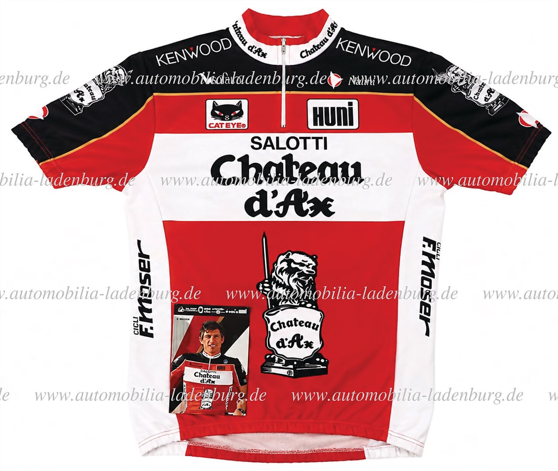 SALOTTI-CHATEU D'AX Mixed lot of 2 pieces, including original Salotti-Chateu d'Ax jersey: SALOTTI-CHATEU D'AX Mixed lot of 2 pieces, including original Salotti-Chateu d'Ax jersey (manufacturer unknown / Made in Italy), size 5, and factory postcard F. Moser, 16x10.5cm German Description SAL