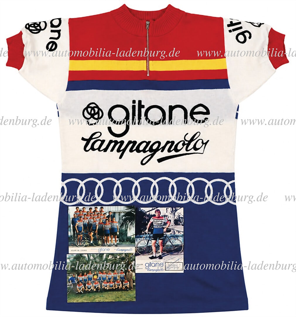 GITANE / JEAN CHASSANG Mixed lot of 4 pieces, including original Gitane jersey (unknown: GITANE / JEAN CHASSANG Mixed lot of 4 pieces, including original Gitane jersey (unknown manufacturer), size 1, as well as signed factory postcard Jean Chassang and two cards Gitane cycling team, 15x10