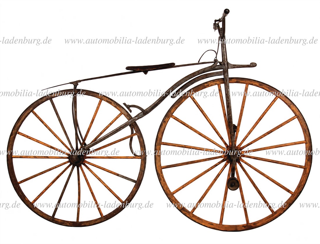 COURBIS GRENOBLE ca. 1870s, early French VÃ©locipÃ¨de by Courbis Grenoble,: COURBIS GRENOBLE ca. 1870s, early French VÃ©locipÃ¨de by Courbis Grenoble, riveted iron frame, wooden spoke wheels with iron tires, spoon brake on the front wheel (cable torn), spr