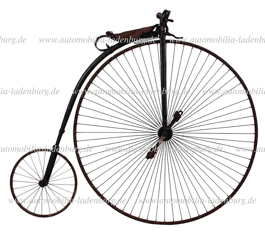 Circa 1880s, penny-farthing with tubular steel frame, large spoked front wheel, small rear wheel, (1 of 5)