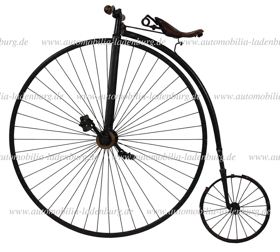 ca. 1880s, children's high bicycle with tubular steel frame, large spoked front wheel, small rear (1 of 5)