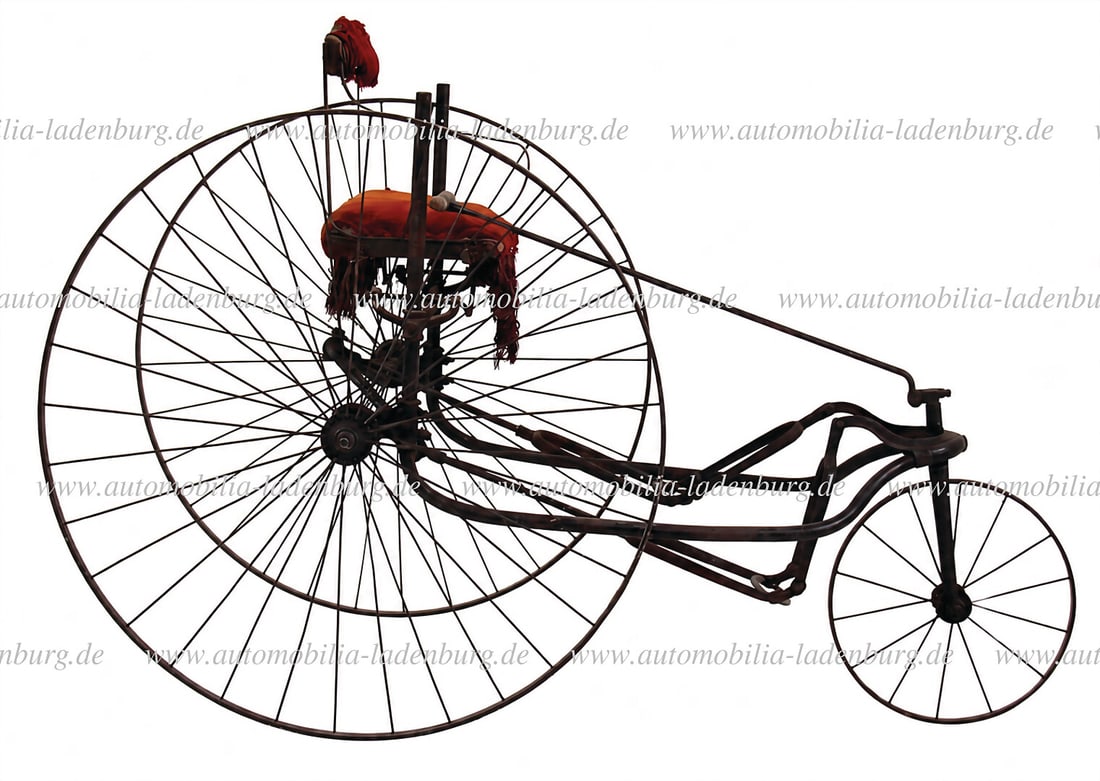 ca. 1880s, sociable tricycle with bench seat, tubular steel frame, two large side rear wheels, small (1 of 3)