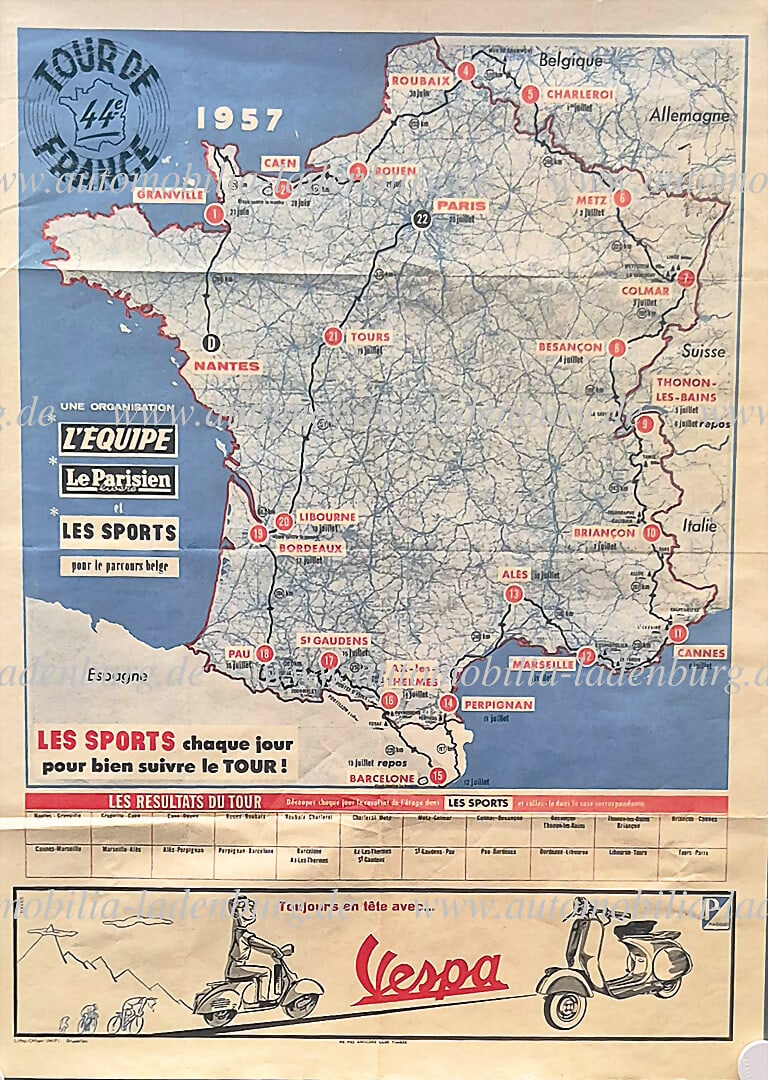 TOUR DE FRANCE original advertising poster "Tour de France 1957", route map and Vespa advertisement,: TOUR DE FRANCE original advertising poster "Tour de France 1957", route map and Vespa advertisement, folded several times, adhesive tape at corners, 75x55cm, otherwise good condition German Descriptio