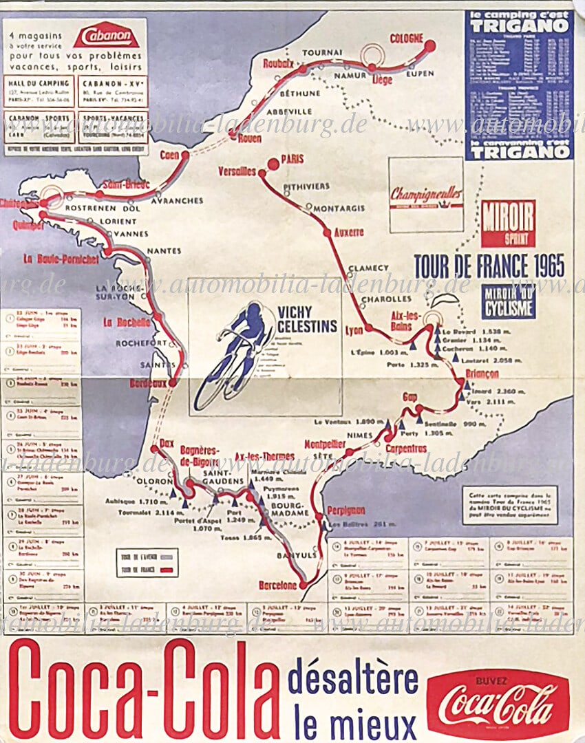 TOUR DE FRANCE original advertising poster Tour de France 1965, "Miroir Sprint", route map and (1 of 1)
