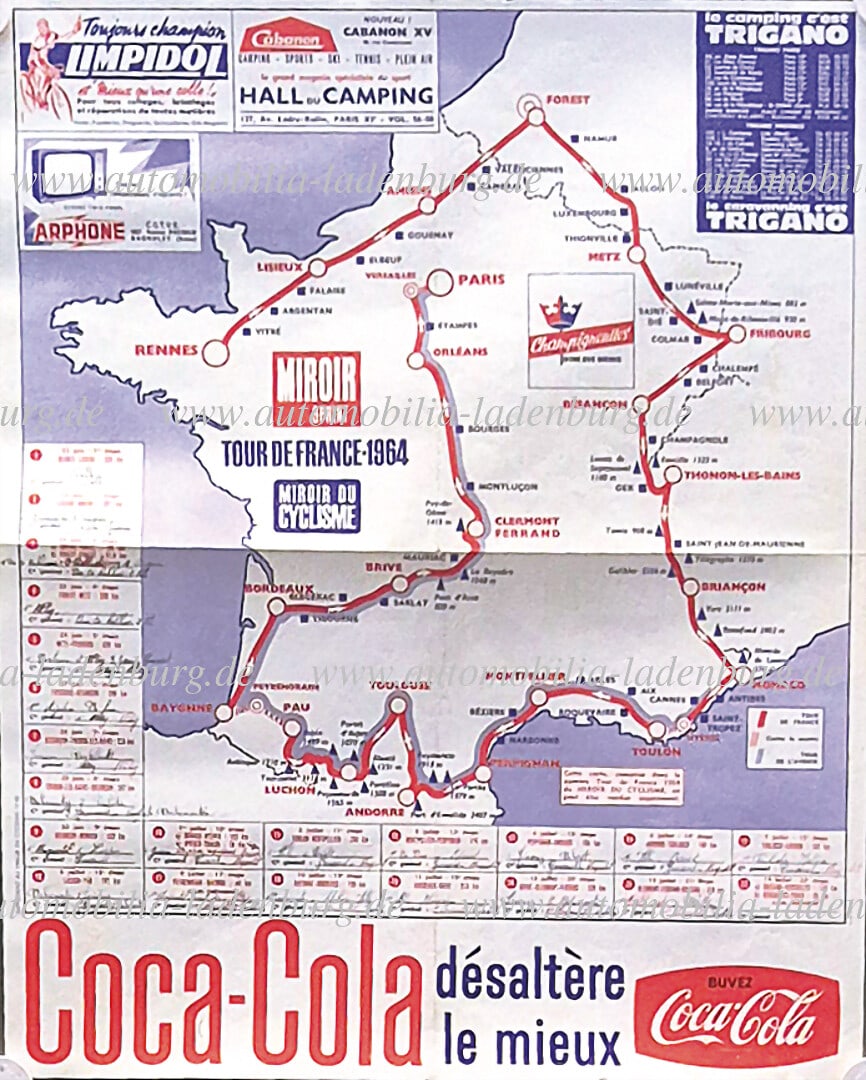TOUR DE FRANCE original advertising poster Tour de France 1964, "Miroir Sprint", route map and: TOUR DE FRANCE original advertising poster Tour de France 1964, "Miroir Sprint", route map and Coca-Cola advertising, 60x50cm, folded several times, adhesive tape at corners, with handwritten inscript