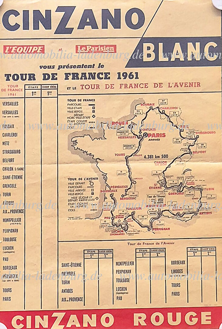 TOUR DE FRANCE original advertising poster, Tour de France 1961, "Cinzano (Blanc/Rouge) avec: TOUR DE FRANCE original advertising poster, Tour de France 1961, "Cinzano (Blanc/Rouge) avec L`Equipe et Le Parisien", route map and advertisement, 58x38cm, several folds, edges slightly cracked, adhe