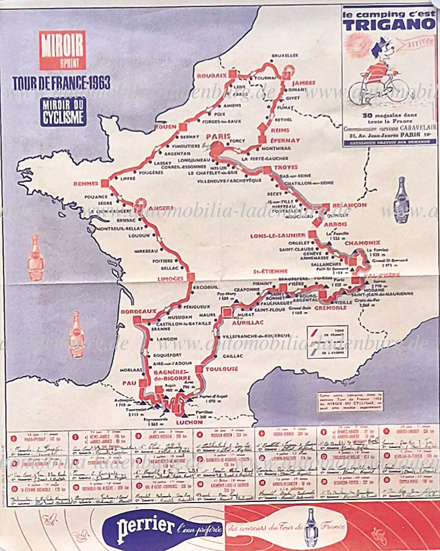 TOUR DE FRANCE original advertising poster, Tour de France 1963, "Miroir Sprint", route map and (1 of 1)