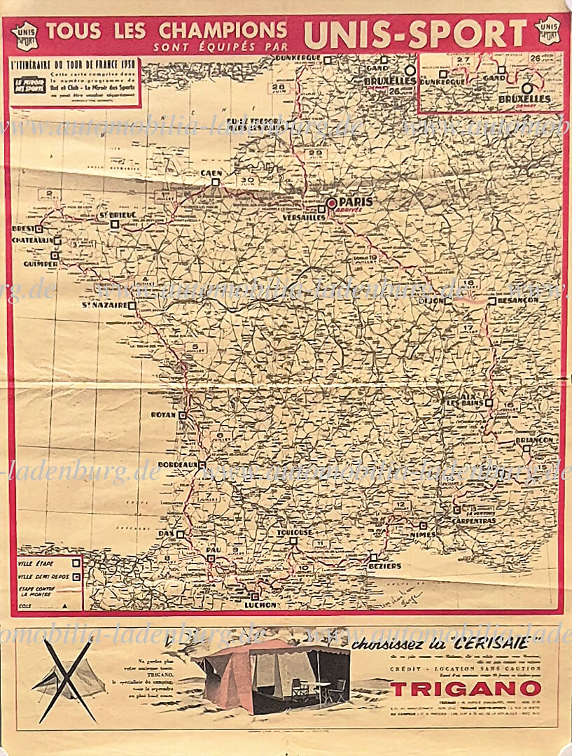 TOUR DE FRANCE original advertising poster, Tour de France 1958, "Tous les champions sont equipes: TOUR DE FRANCE original advertising poster, Tour de France 1958, "Tous les champions sont equipes par UNIS-SPORT", route map and advertisement, 60x50cm, folded several times, otherwise good condition 