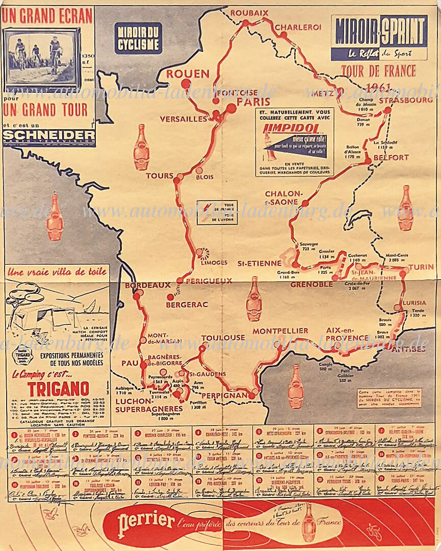 TOUR DE FRANCE original advertising poster, Tour de France 1961, "Miroir Sprint- le Reflet du: TOUR DE FRANCE original advertising poster, Tour de France 1961, "Miroir Sprint- le Reflet du Sport", route map and advertisement, 60x50cm, folded several times, 4cm tear in the middle left side, othe