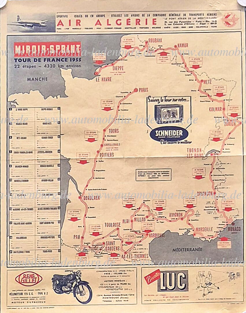 TOUR DE FRANCE original advertising poster, Tour de France 1955, "Miroir Sprint", route map and: TOUR DE FRANCE original advertising poster, Tour de France 1955, "Miroir Sprint", route map and advertisement, 60x50cm, folded several times, adhesive tape at corners, 3cm tear in the center upper edg