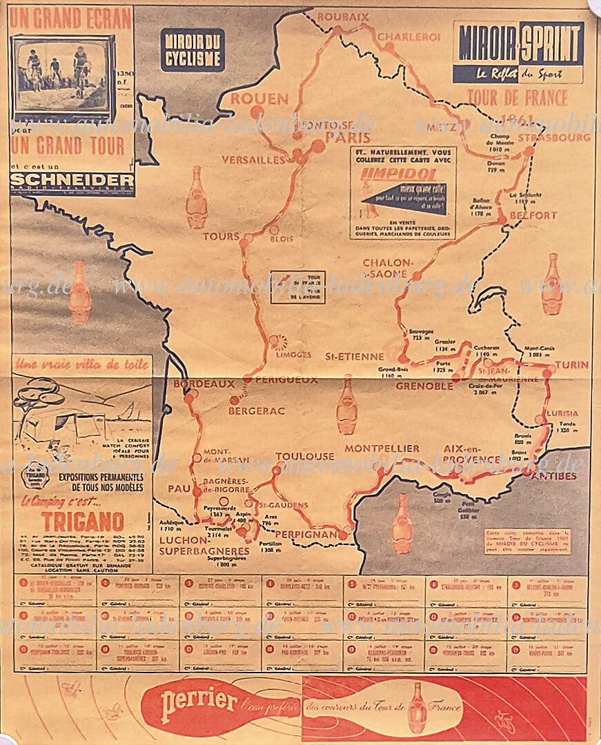 TOUR DE FRANCE original advertising poster, Tour de France 1961, "Miroir Sprint- le Reflet du: TOUR DE FRANCE original advertising poster, Tour de France 1961, "Miroir Sprint- le Reflet du Sport", route map and advertisement, 60x50cm, folded several times, otherwise good condition German Descri