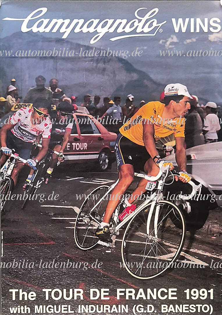 CAMPAGNOLO original "Campagnolo Wins" advertising poster, Miguel Indurain "The Tour de France 1991",: CAMPAGNOLO original "Campagnolo Wins" advertising poster, Miguel Indurain "The Tour de France 1991", 100x68 cm, slightly wavy, otherwise good condition German Description CAMPAGNOLO original "Campagno