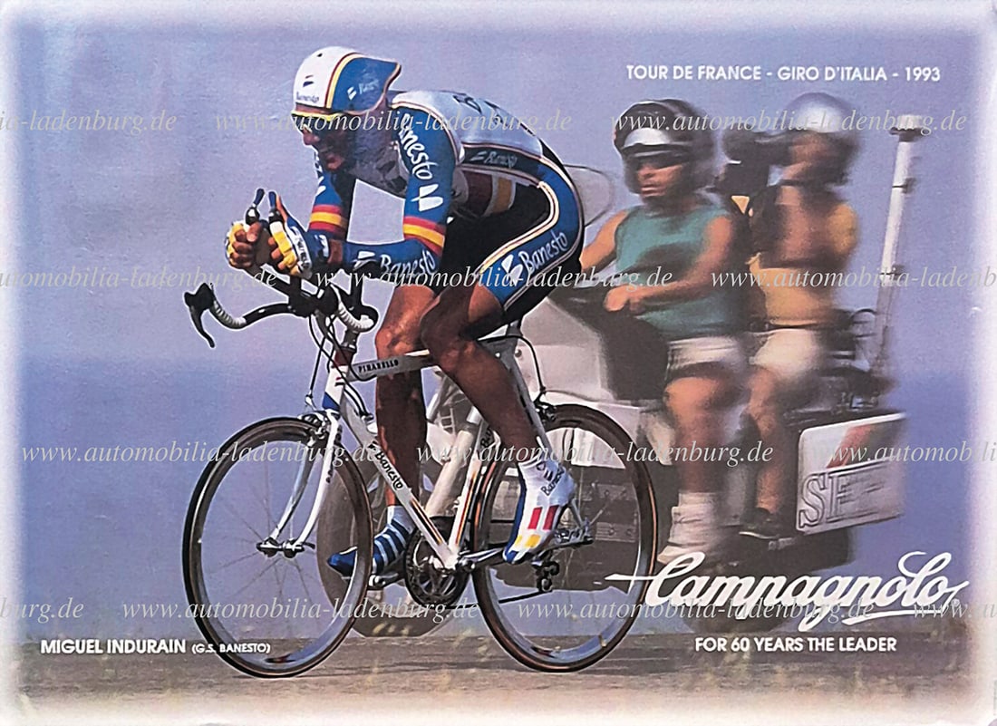 CAMPAGNOLO original Campagnolo advertising poster, Miguel Indurain, "Tour de France, Giro d`Italia: CAMPAGNOLO original Campagnolo advertising poster, Miguel Indurain, "Tour de France, Giro d`Italia 1993 "for 60. years the leader", 62x88cm, good condition German Description CAMPAGNOLO original Campa