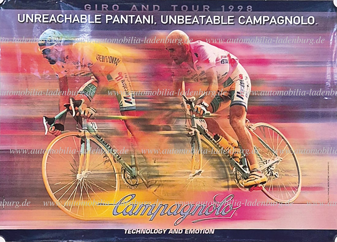 CAMPAGNOLO original Campagnolo advertising poster, "Giro and Tour 1998, Unreachable Pantani,: CAMPAGNOLO original Campagnolo advertising poster, "Giro and Tour 1998, Unreachable Pantani, Unbeatable Campagnolo" 60x86cm, top left slight traces of folding, otherwise good condition German Descript
