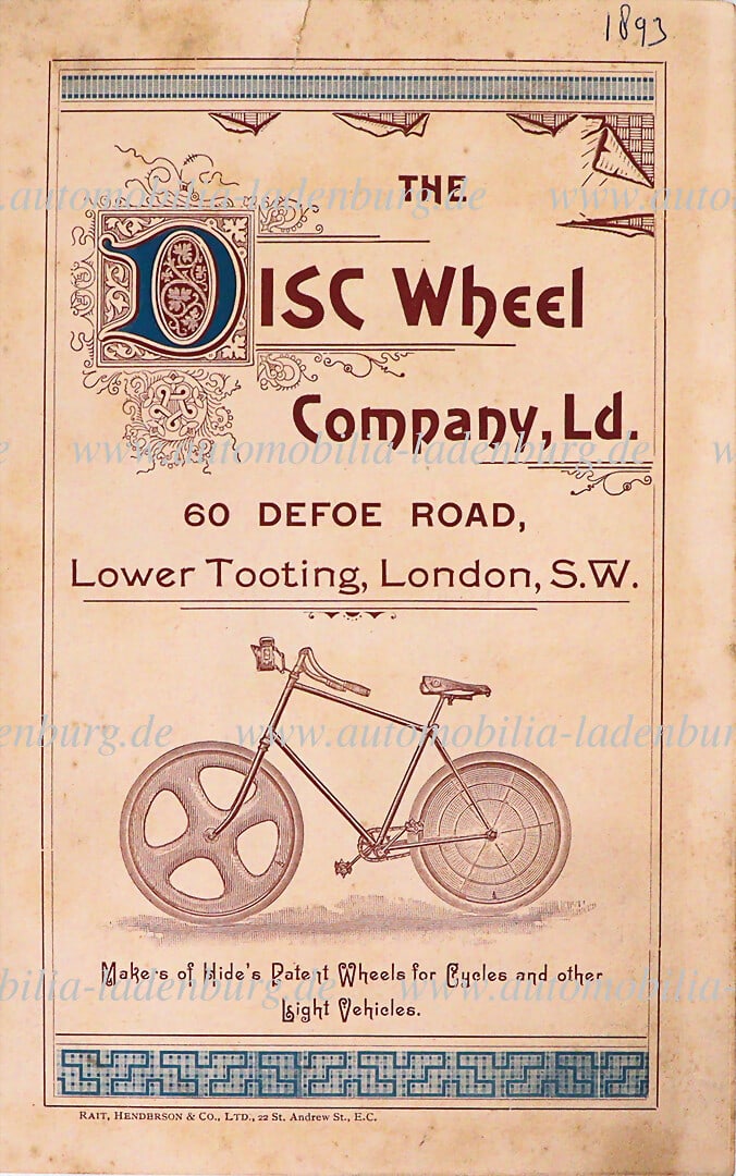Sales brochure, "The ISC Wheel Company, Ld. (Disc Wheels)", 1893, Rait Henderson&Co., good condition: Sales brochure, "The ISC Wheel Company, Ld. (Disc Wheels)", 1893, Rait Henderson&Co., good condition German Description Verkaufsprospekt, "The ISC Wheel Company, Ld. (Disc Wheels)", 1893, Rait Henders