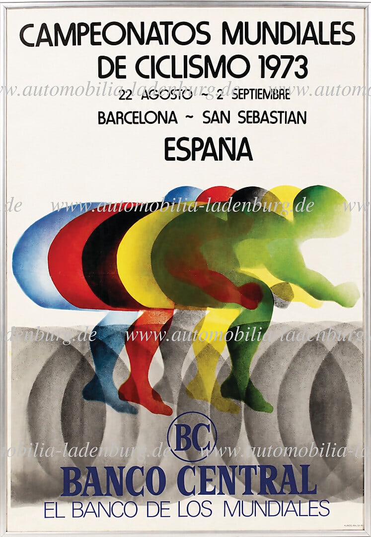 CAMPEONATOS MUNDIALES CICLISMO mixed lot of 2 pieces, among them bicycle poster, "Campeonatos: CAMPEONATOS MUNDIALES CICLISMO mixed lot of 2 pieces, among them bicycle poster, "Campeonatos Mundiales de Ciclismo 1973", Barcelona/Spain, design C.Ricart & R.Abella, edges slightly creased, soiling 