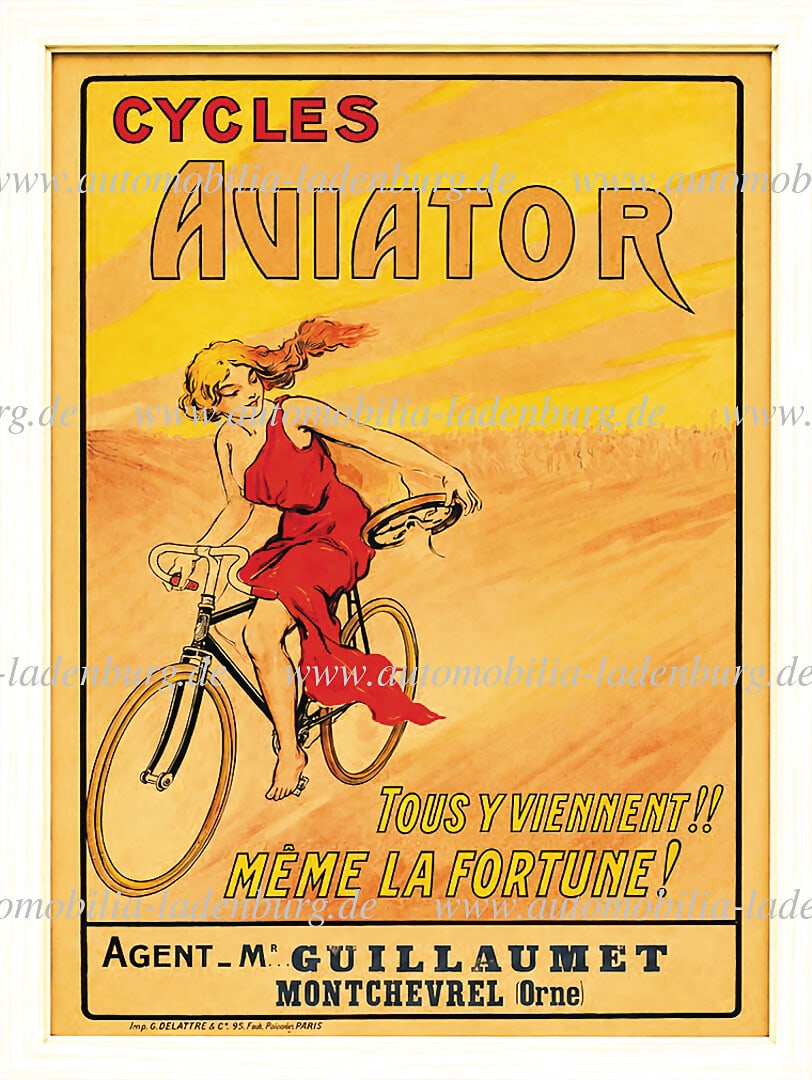 c. 1900, beautiful Art-Deco advertising poster, lithographic illustration for "Cycles Aviator",: c. 1900, beautiful Art-Deco advertising poster, lithographic illustration for "Cycles Aviator", 125x86cm, Parisian printer G.Delattre & Cie, framed behind glass, poster is mounted on wood and can be r