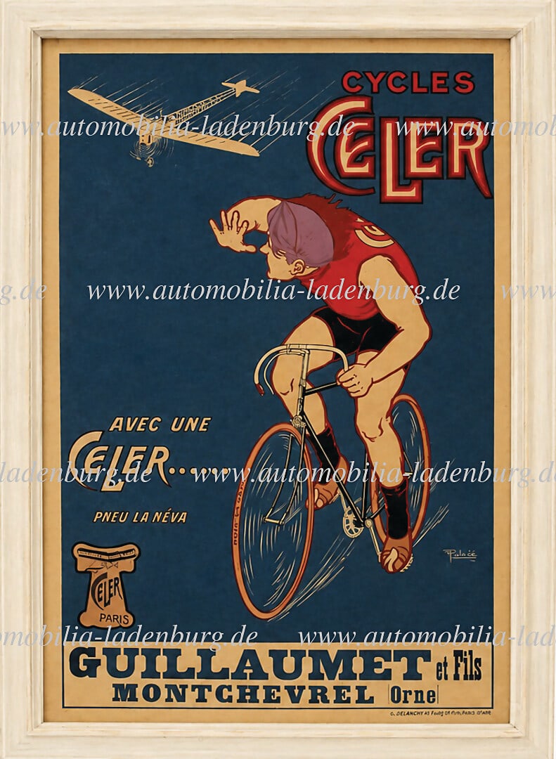 c. 1900, beautiful Art Deco advertising poster, lithographic illustration for "Cycles Celer", 125x86: c. 1900, beautiful Art Deco advertising poster, lithographic illustration for "Cycles Celer", 125x86 cm, Parisian printer G.Delattre & Cie, framed behind glass, poster is mounted on wood and can be re