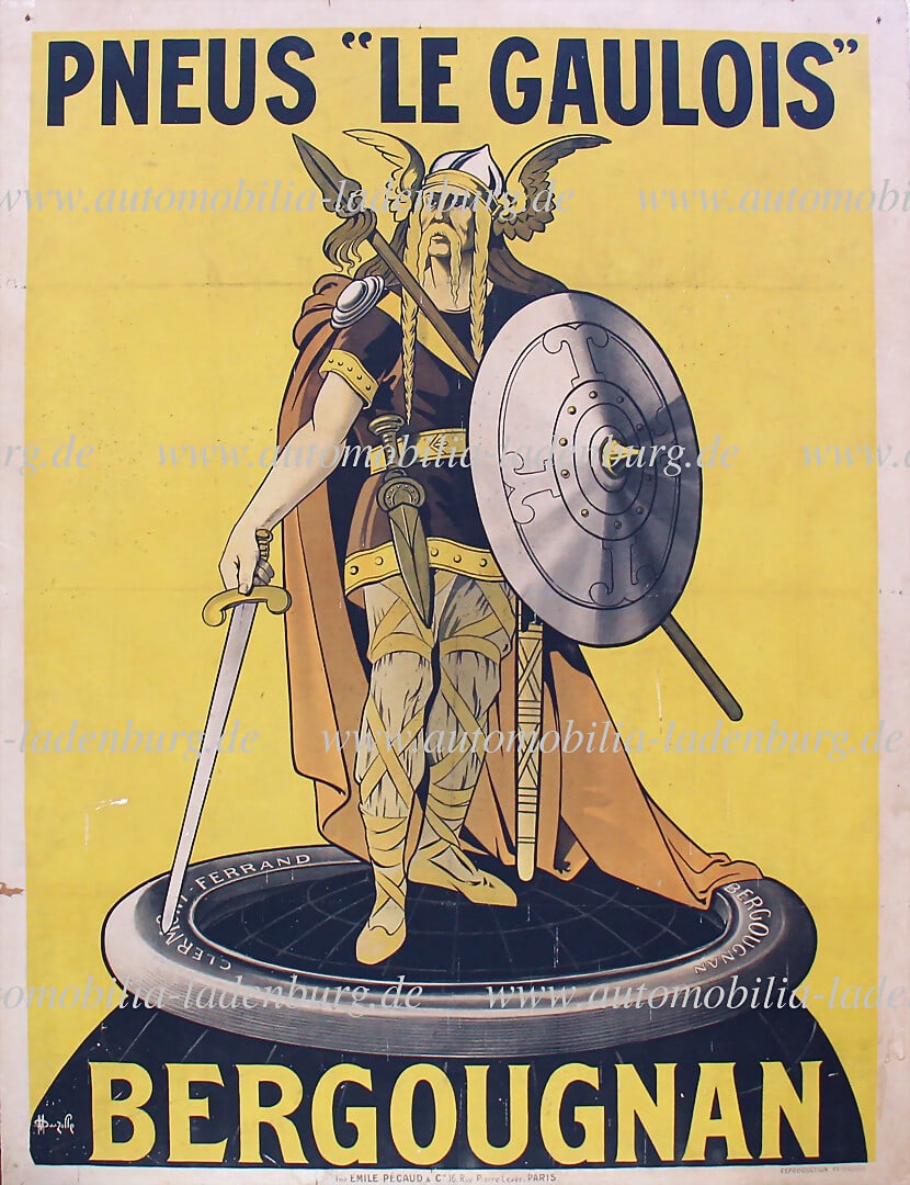 c. 1900, beautiful Belle Epoque typography, advertising poster, lithographic illustration for: c. 1900, beautiful Belle Epoque typography, advertising poster, lithographic illustration for "Bergougnan", (Pneus Le Gaulois tire model), 160x120cm, signature Huzolle lower left (untested)Parisian pr