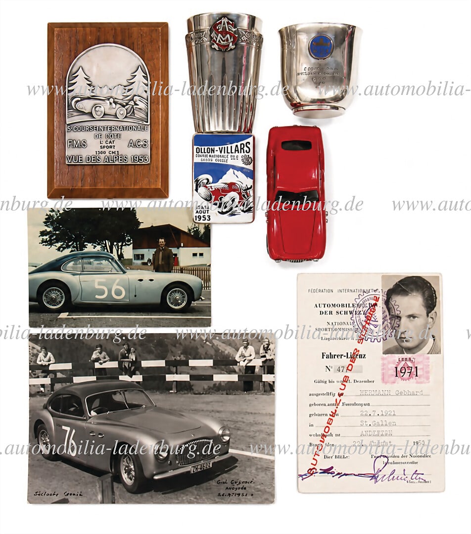 CISITALIA / GEBHARD LIPPUNER Mixed lot including driver's license of Gebrard Lippuner: CISITALIA / GEBHARD LIPPUNER Mixed lot including driver's license of Gebrard Lippuner "Automobil-Club der Schweiz", dated 13.08.1959; participant badge "Ollon Villars 15./16.August.1953Silver cup (800