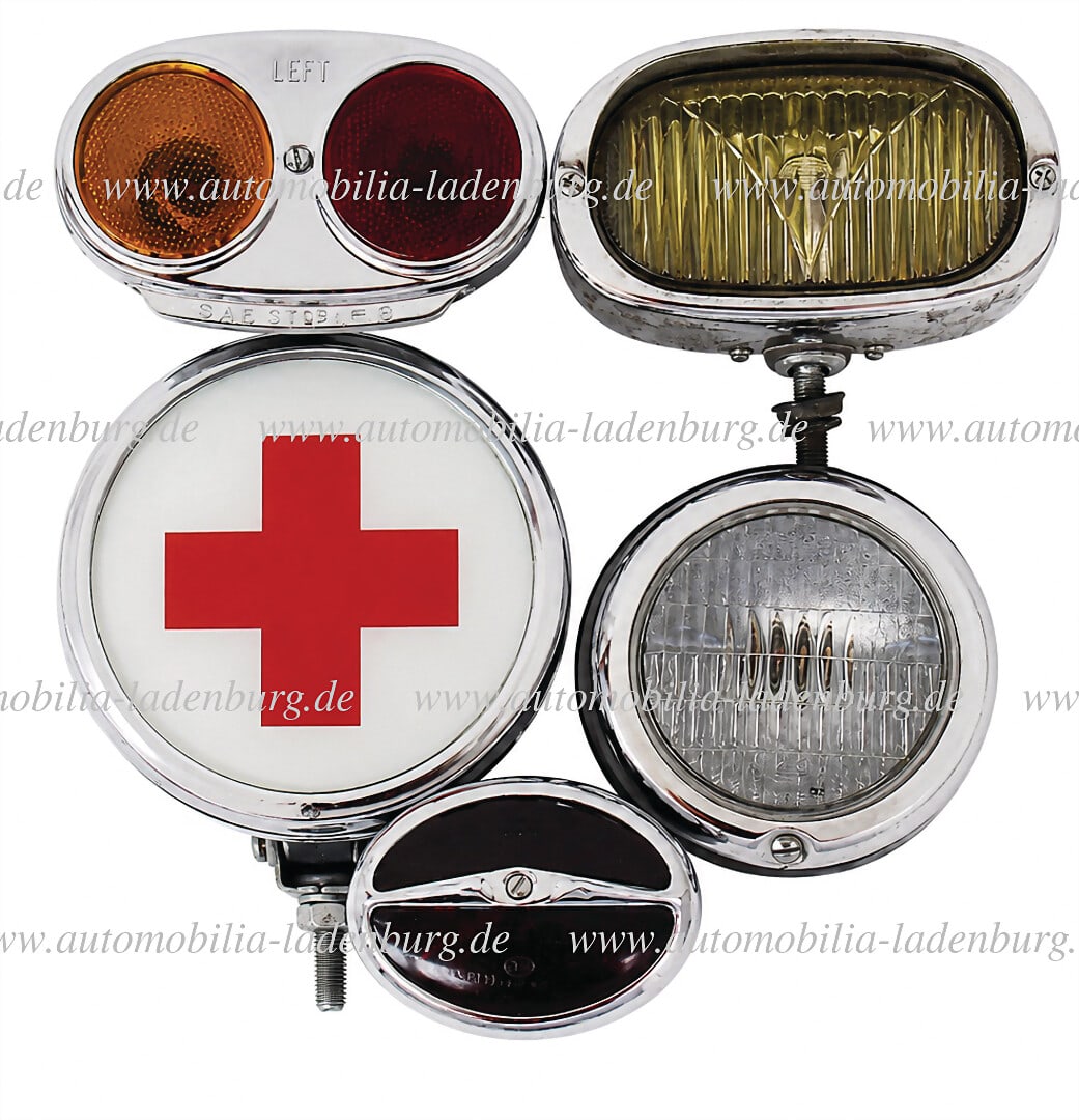 mixed lot of 5 historic vehicle lights and accessories, mainly 1930s-1960s, including Hella: mixed lot of 5 historic vehicle lights and accessories, mainly 1930s-1960s, including Hella auxiliary headlights; Carello "Alto" tail/turn signal light (Italy); PETEX auxiliary/fog light; large chrome