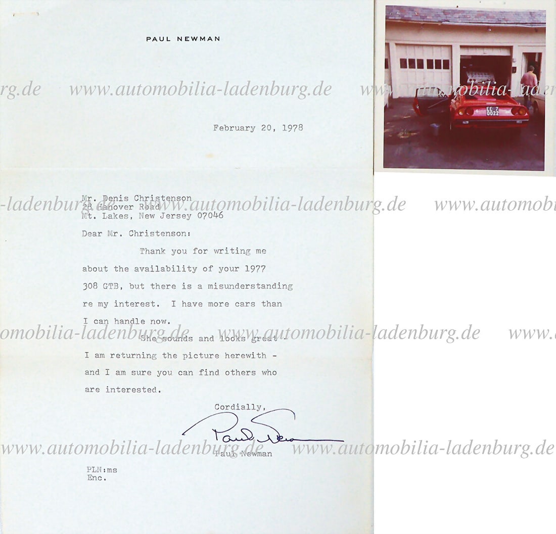 FERRARI / PAUL NEWMAN 1978, signed letter from Paul Newman to Mr. Denis Christenson, here Paul (1 of 1)