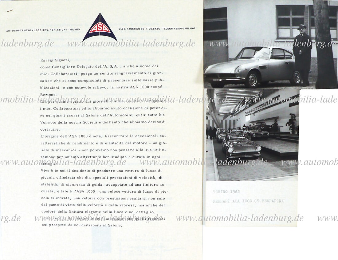 ASA / FERRARI 1963, press release signed by Niccolo de Nora, written on the occasion of the (1 of 2)