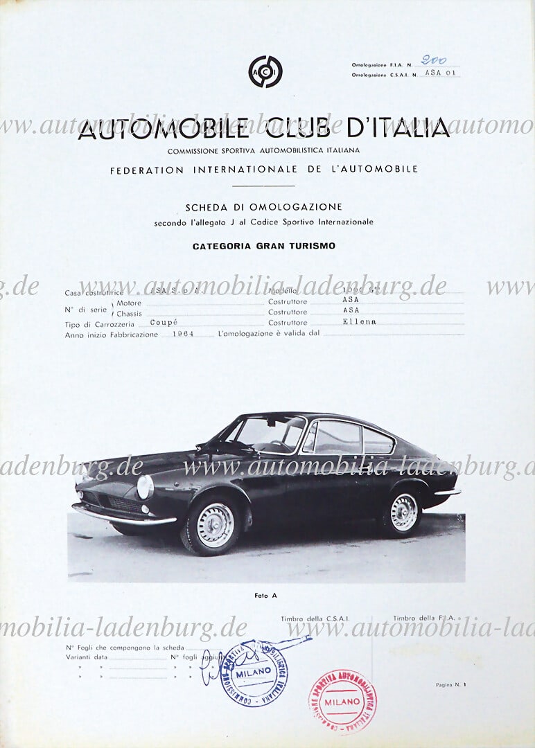 ASA / FERRARI 1964, homologation for ASA 1000 GT Coupe (Ferrari) "Scheda di Omologazione" (1 of 1)