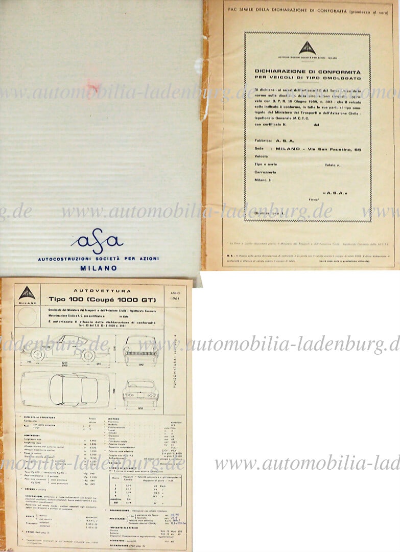 ASA / FERRARI ASA registration certificate (blank), inside with technical details of the ASA 1000GT, (1 of 1)
