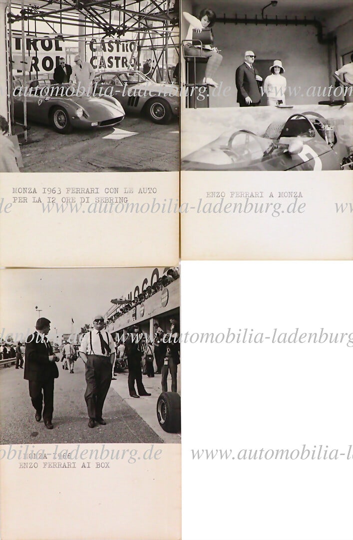 FERRARI Mixed lot of 3 original b/w photos of Enzo Ferrari in the pit lane GP Monza 1966; Enzo: FERRARI Mixed lot of 3 original b/w photos of Enzo Ferrari in the pit lane GP Monza 1966; Enzo watching the racing cars 12 hours Sebring 1963 in Monza; and another photo of Enzo Ferrari in Monza, 14x9