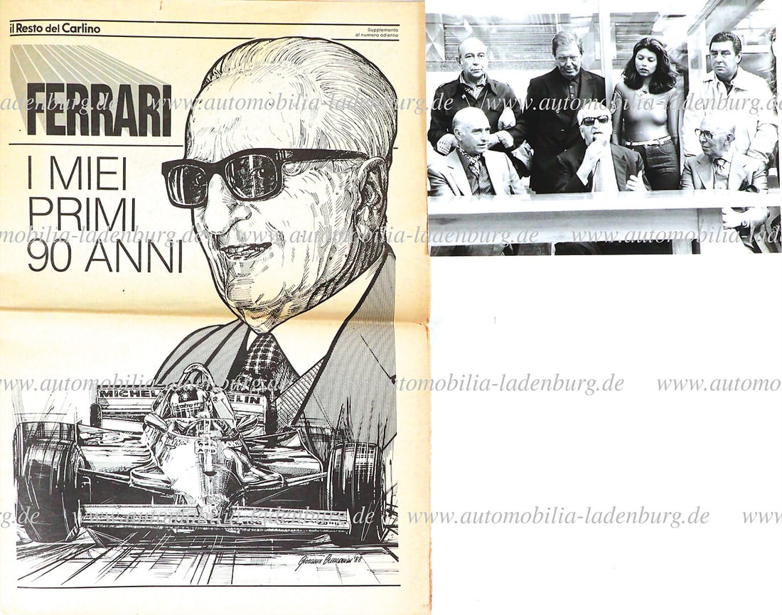 FERRARI original b/w photo Enzo Ferrari at a press conference, next to him Juan Manuel Fangio,: FERRARI original b/w photo Enzo Ferrari at a press conference, next to him Juan Manuel Fangio, 18x24cm, with special edition "Ferrari I Miei Primi 90 Anni", for the 90th birthday of Enzo Ferrari Germa