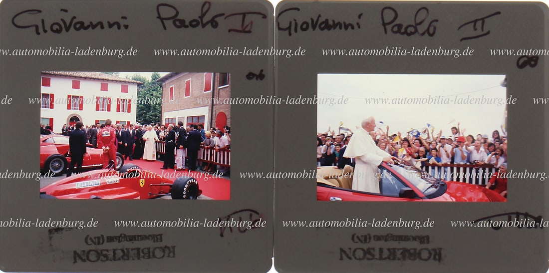 FERRARI Mixed lot of two color slides of Pope Giovanni Paolo II visiting the factory in Modena: FERRARI Mixed lot of two color slides of Pope Giovanni Paolo II visiting the factory in Modena German Description FERRARI Konvolut zwei Farbdiapositive Pabst Giovanni Paolo II. beim Werksbesuch in Mod