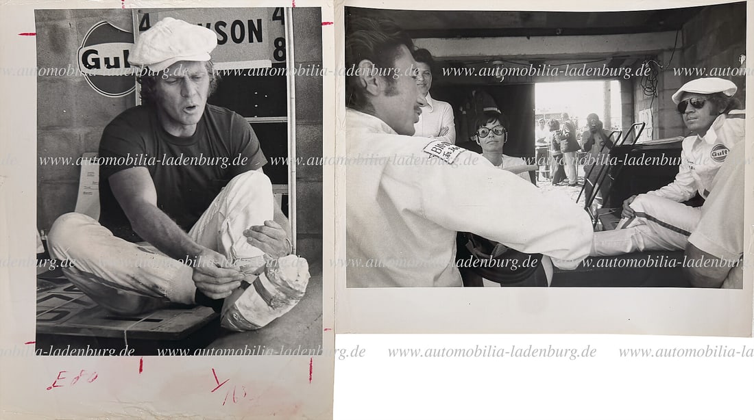 PORSCHE Mixed lot of 2 original b/w photographs Steve McQueen in the pit lane with broken ankle, 12 (1 of 2)