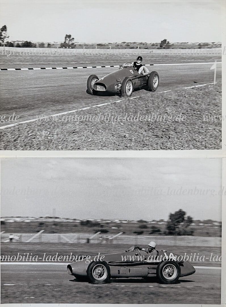 FERRARI Mixed lot of 2 original b/w photographs Luigi Villoresi and Mike Hawthorn on Ferrari 500, (1 of 2)