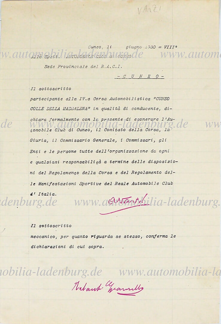 ACHILLE VARZI June 1930, confirmation signed by Achille Varzi and mechanic Giannella (disclaimer): ACHILLE VARZI June 1930, confirmation signed by Achille Varzi and mechanic Giannella (disclaimer) for the "Cuneo Colle della Maddalena" race (Alfa Romeo) German Description ACHILLE VARZI Juni 1930, vo