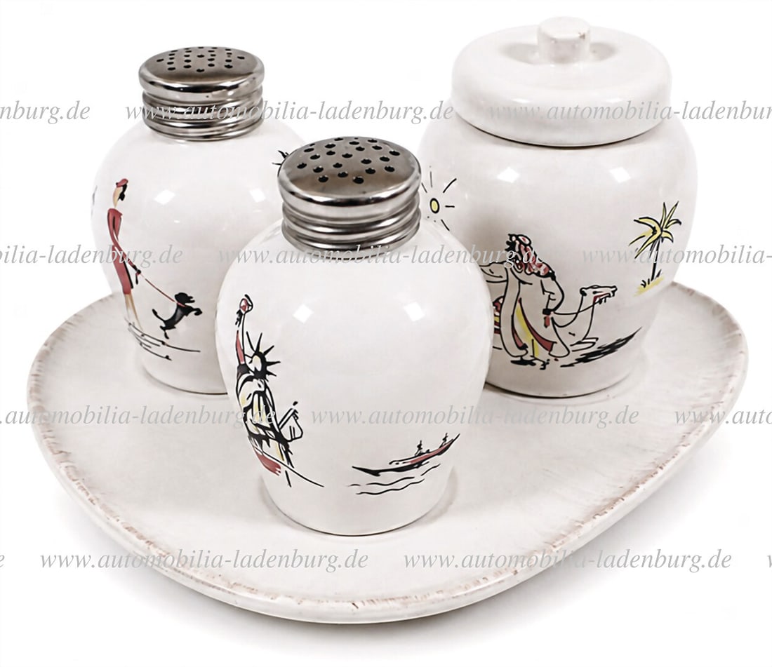 PORSCHE Ulm ceramic set of 4 pieces, salt and pepper shaker, mustard pot with lid, matching small: PORSCHE Ulm ceramic set of 4 pieces, salt and pepper shaker, mustard pot with lid, matching small plate, hand-painted with Porsche 356 motifs, very rare German Description PORSCHE Ulmer Keramik Set 4t