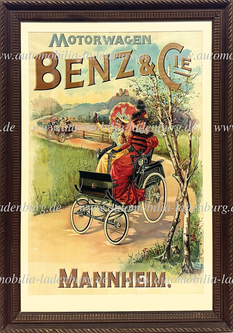 BENZ & CIE c. 1894, advertising poster "Motorwagen Benz & Cie Mannheim" in original frame, beautiful (1 of 1)
