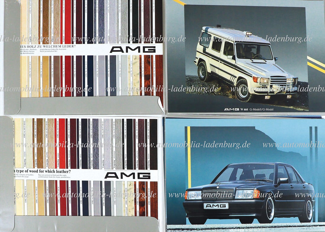 AMG 1987, mixed lot of 2 pcs. sales folders, inside with 3 folding brochures "AMG Ein Name setzt: AMG 1987, mixed lot of 2 pcs. sales folders, inside with 3 folding brochures "AMG Ein Name setzt sich durch weltweit"; "AMG Technik" & "AMG Innenausstattungen", as well as 10 large format color prints