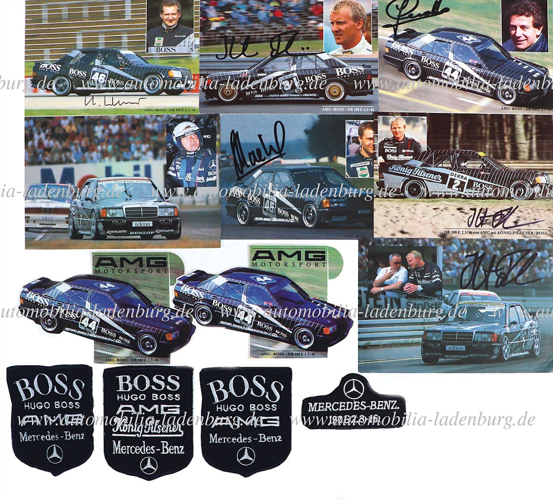 MERCEDES-BENZ / AMG Circa 1980, mixed lot of 12 pieces including 4 AMG Mercedes Benz team jacket: MERCEDES-BENZ / AMG Circa 1980, mixed lot of 12 pieces including 4 AMG Mercedes Benz team jacket patches & 8 stickers each from the 1988 DTM season as well as 5 autographed AMG boss autograph cards fr
