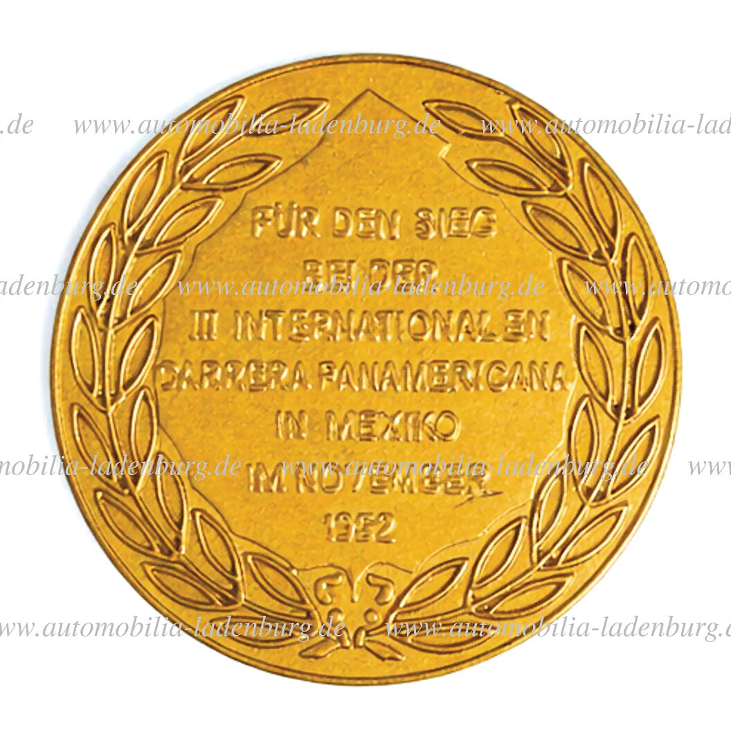 MERCEDES-BENZ 1952, Medal awarded to Karl Kling & Hans Klenk on Mercedes-Benz Type 300SL (#0008/52),: MERCEDES-BENZ 1952, Medal awarded to Karl Kling & Hans Klenk on Mercedes-Benz Type 300SL (#0008/52), "For the victory at the III. International Carrera Panamericana in Mexico in November 1952 - The Fe