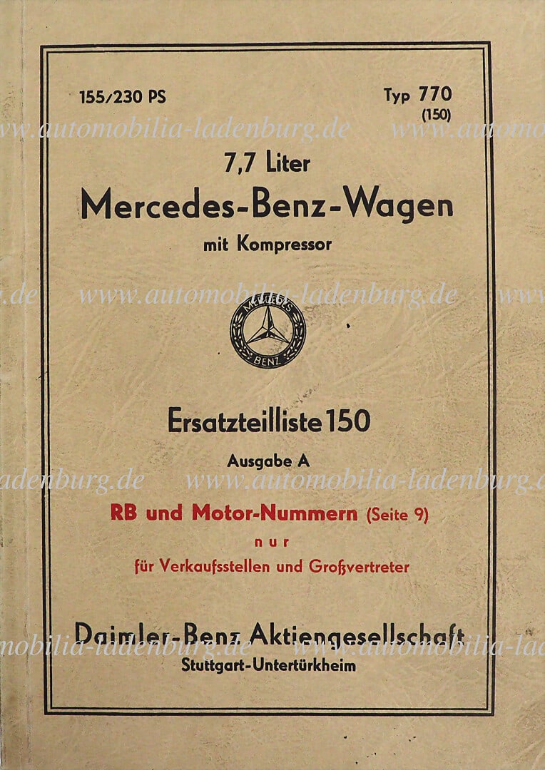 MERCEDES BENZ 1939, spare parts list 7.7 liter Mercedes Benz wagon with compressor (type 770K), ETL (1 of 1)
