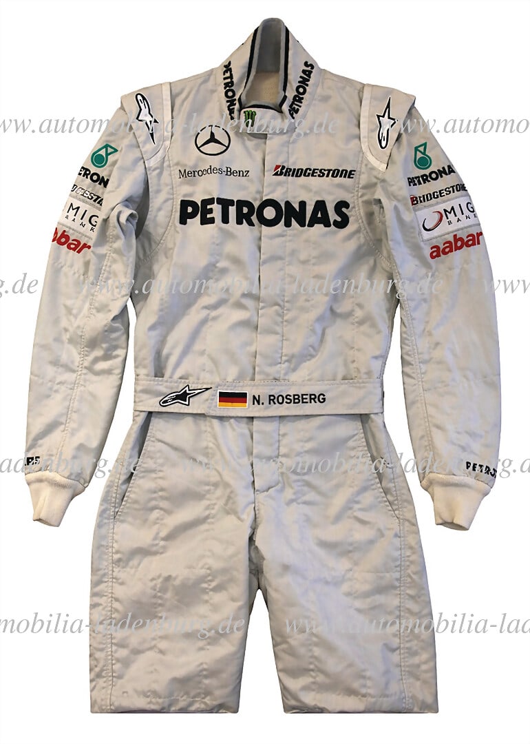 MERCEDES BENZ 2010, Nico Rosberg Mercedes Benz Petronas racing overall, rare original Alpinestars: MERCEDES BENZ 2010, Nico Rosberg Mercedes Benz Petronas racing overall, rare original Alpinestars racing suit. Worn in the 2010 Formula 1 World Championship season (Mercedes MGP W01). In this debut ye