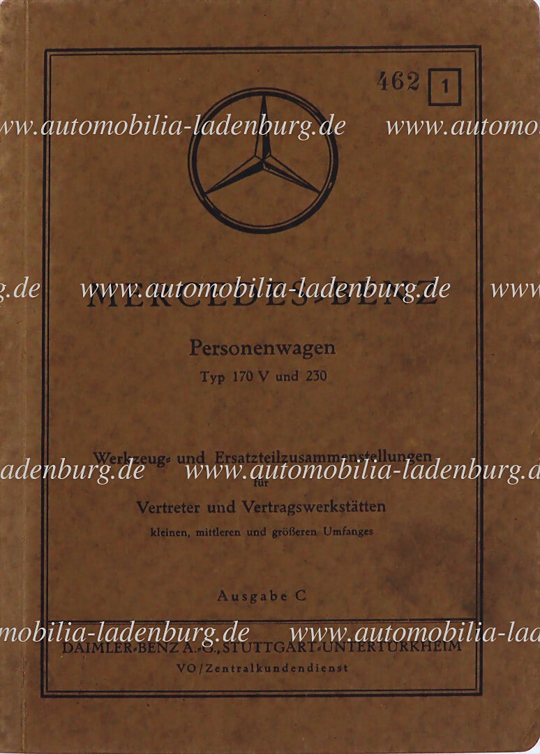 MERCEDES BENZ 1939, tool and spare parts compilation for passenger cars type 170V and 230, (only for (1 of 1)
