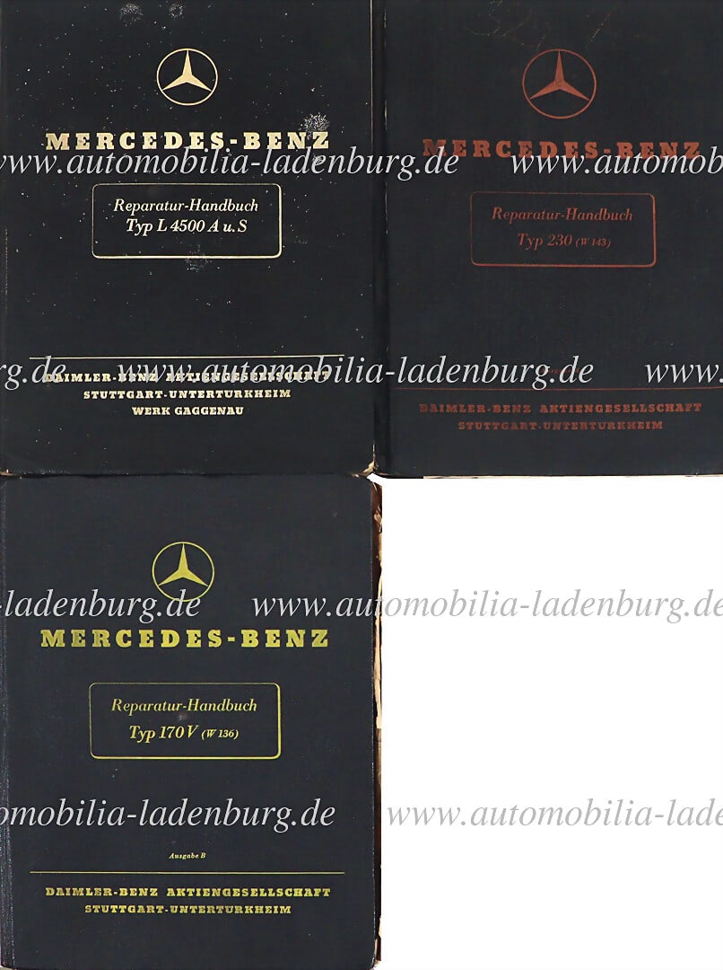 MERCEDES BENZ Mixed lot of 3 repair manuals, passenger car type 170V, type 230 and truck type L4500: MERCEDES BENZ Mixed lot of 3 repair manuals, passenger car type 170V, type 230 and truck type L4500 A and S, with traces of use German Description MERCEDES BENZ Konvolut 3 Reparatur HandbÃ¼c