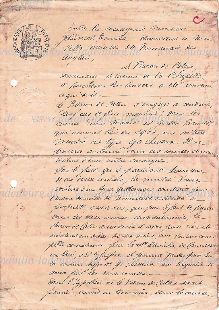 DAIMLER MOTORS COMPANY 1903, handwritten driver contract by Emil Jellinek between Emil Jellinek (1 of 4)
