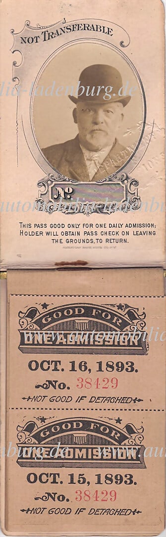 DAIMLER MOTORS COMPANY Chicago 1893, hand-signed exhibitor pass with portrait photo of Gottlieb (1 of 6)