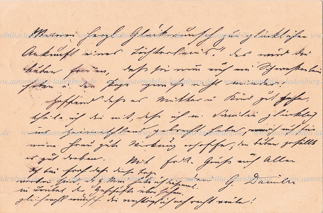 DAIMLER MOTORS COMPANY ca. 1897, handwritten letter from Gottlieb Daimler to a customer... "My (1 of 2)
