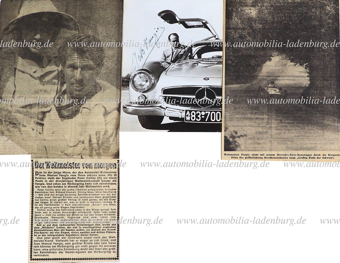 MERCEDES-BENZ / JUAN MANUEL FANGIO Hand-signed original b/w photograph of Juan Manuel Fangio in a: MERCEDES-BENZ / JUAN MANUEL FANGIO Hand-signed original b/w photograph of Juan Manuel Fangio in a Mercedes-Benz Type 300SL, 14.5x10.5cm German Description MERCEDES-BENZ / JUAN MANUEL FANGIO Handsignie