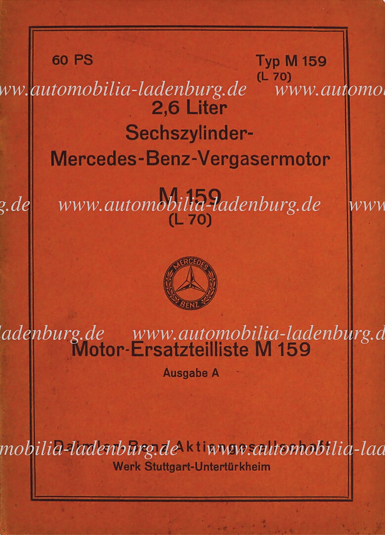 MERCEDES-BENZ 1942, engine spare parts list M159 Mercedes-Benz 2.6L six-cylinder carburetor engine, (1 of 1)